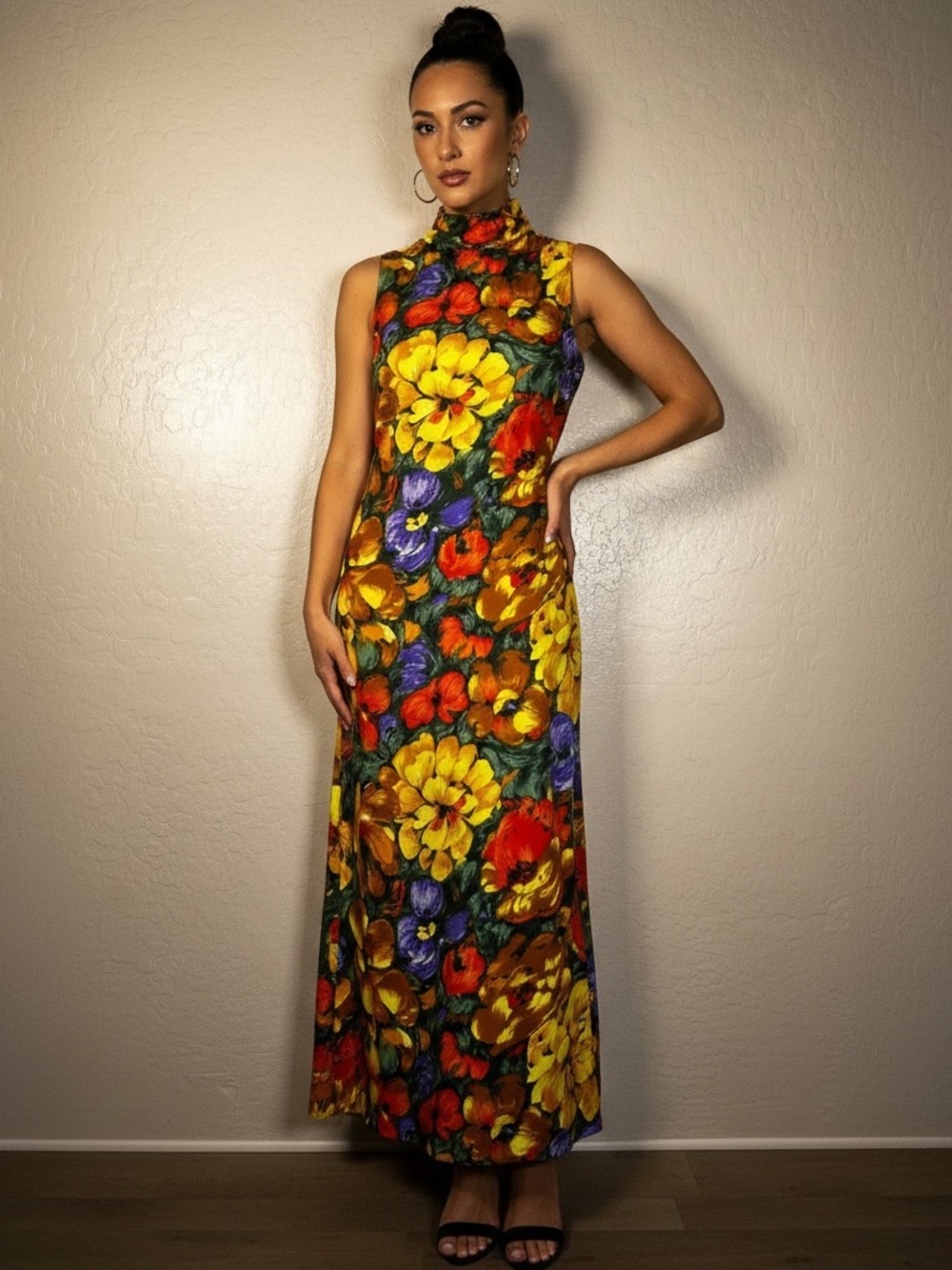 Vintage 1970s Floral Maxi Dress | Sleeveless Mock Neck | Size Small